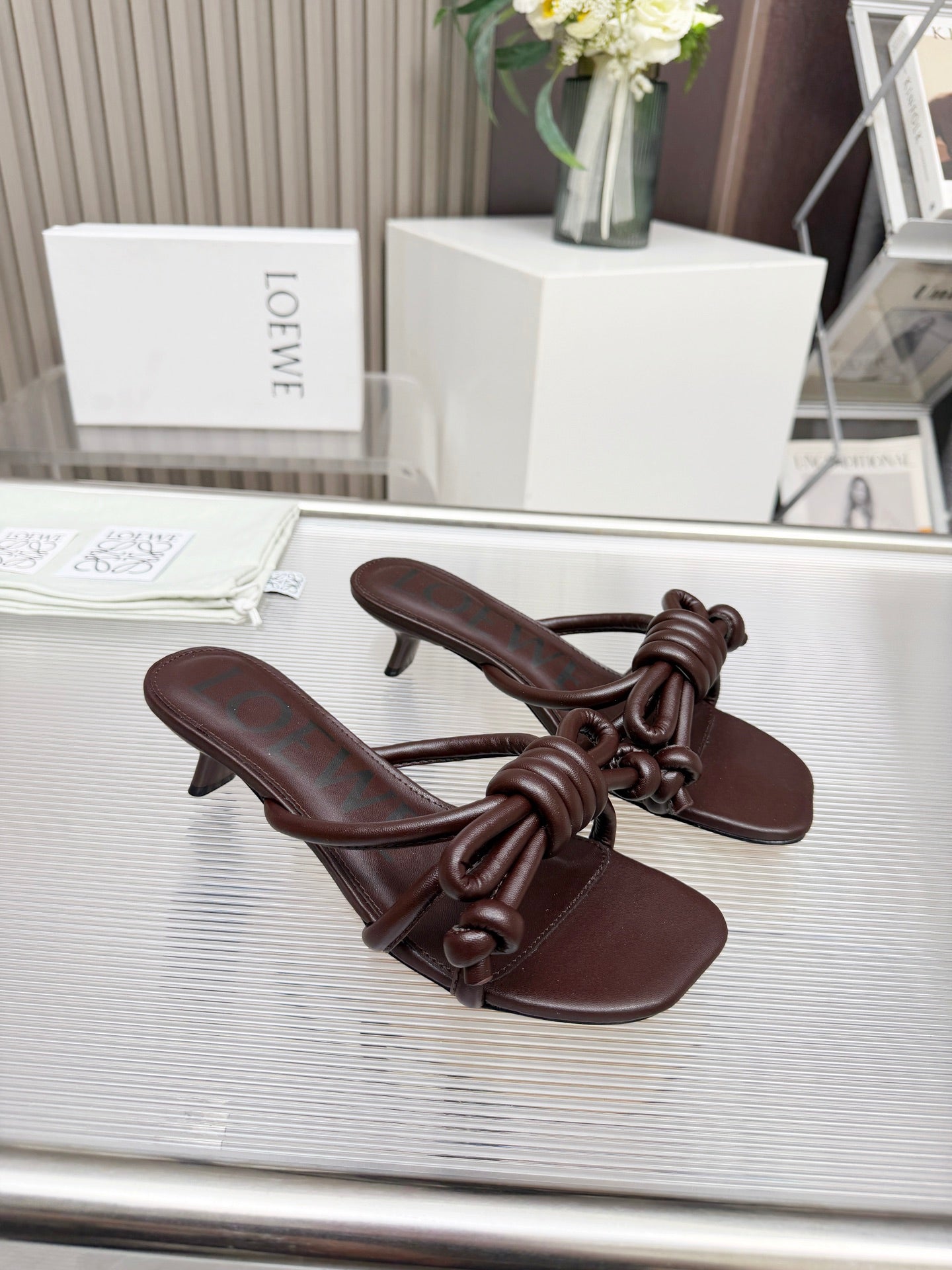 LOEWE 26S KITTEN HEEL KNOT SANDALS 45MM IN DARK BROWN CALFSKIN