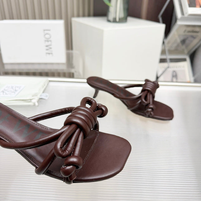 LOEWE 26S KITTEN HEEL KNOT SANDALS 45MM IN DARK BROWN CALFSKIN