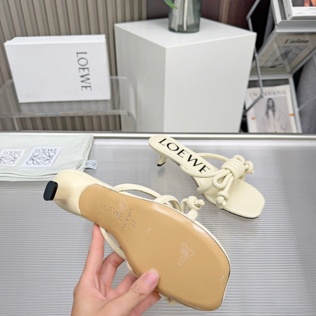 LOEWE 26S KITTEN HEEL KNOT SANDALS 45MM IN CREAM WHITE CALFSKIN
