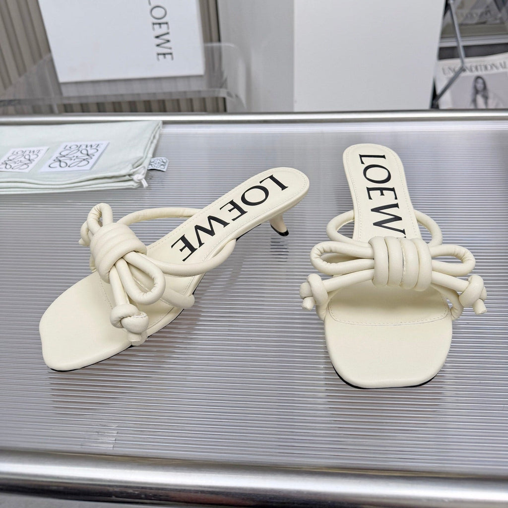 LOEWE 26S KITTEN HEEL KNOT SANDALS 45MM IN CREAM WHITE CALFSKIN