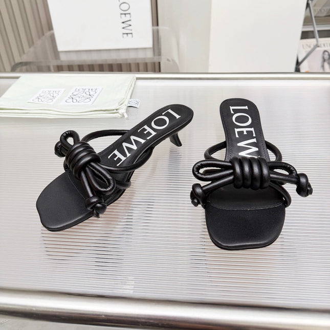 LOEWE 26S KITTEN HEEL KNOT SANDALS 45MM IN BLACK CALFSKIN