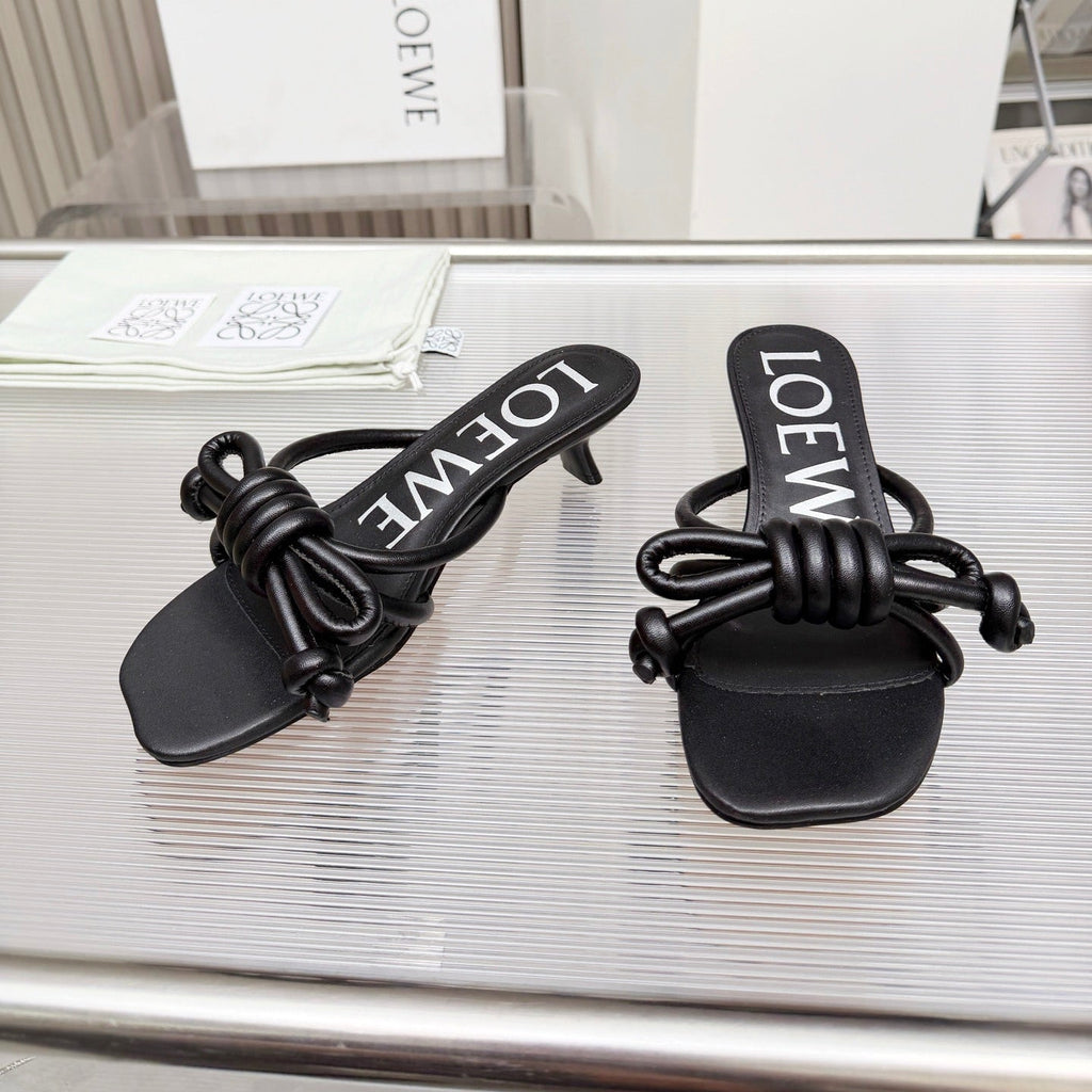 LOEWE 26S KITTEN HEEL KNOT SANDALS 45MM IN BLACK CALFSKIN