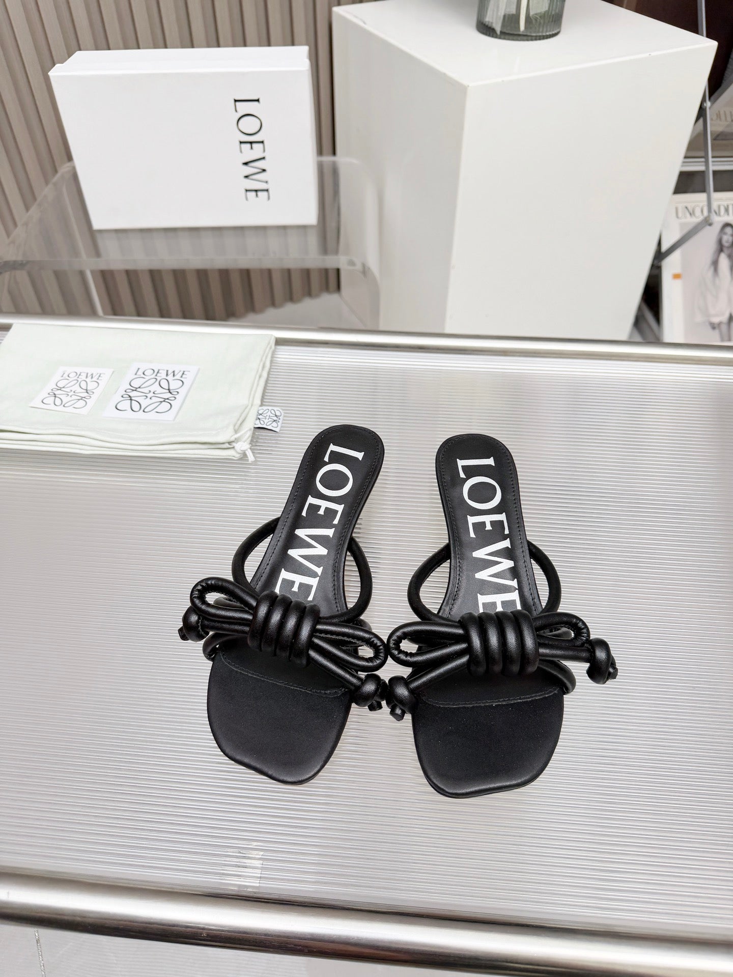 LOEWE 26S KITTEN HEEL KNOT SANDALS 45MM IN BLACK CALFSKIN