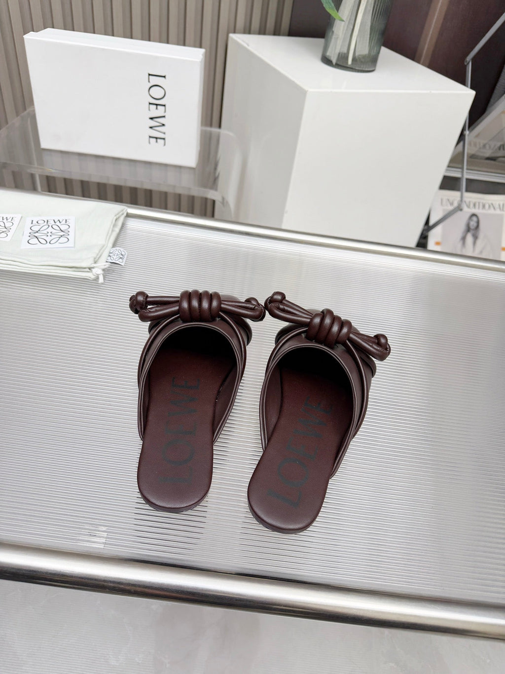 LOEWE 26S MULE LOAFERS IN DARK BROWN CALFSKIN KNOT DETAIL