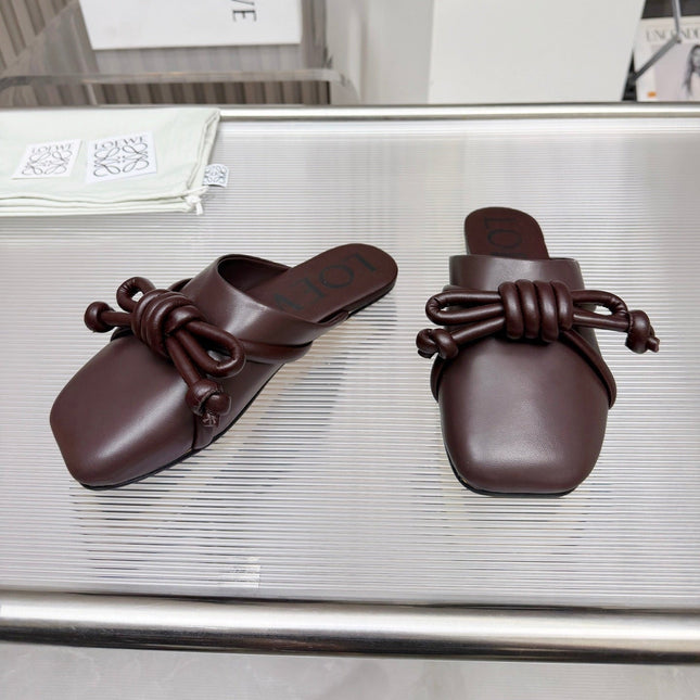 LOEWE 26S MULE LOAFERS IN DARK BROWN CALFSKIN KNOT DETAIL