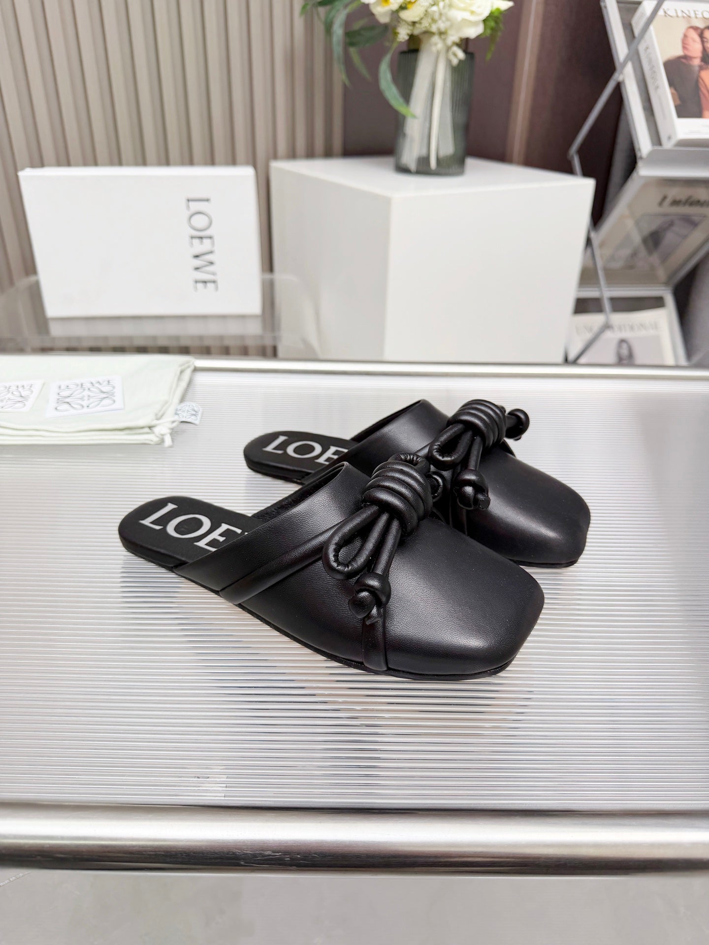 LOEWE 26S MULE LOAFERS IN BLACK CALFSKIN KNOT DETAIL
