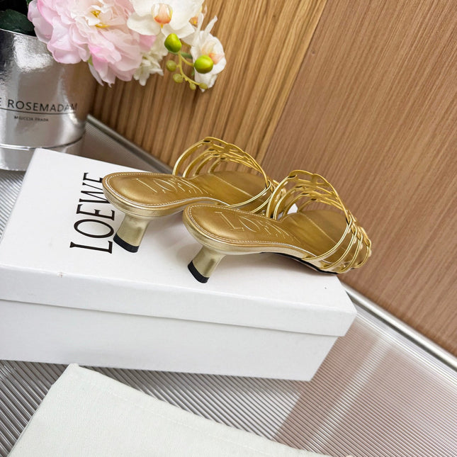 LOEWE 26S PETAL ANAGRAM KITTEN HEEL SANDALS 45MM IN GOLD SOFT CALFSKIN