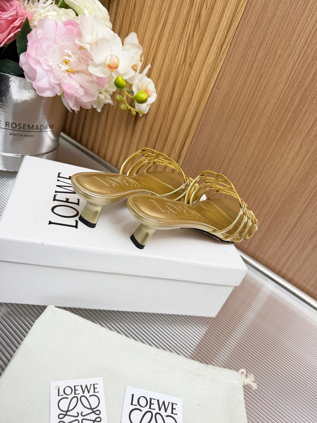 LOEWE 26S PETAL ANAGRAM KITTEN HEEL SANDALS 45MM IN GOLD SOFT CALFSKIN