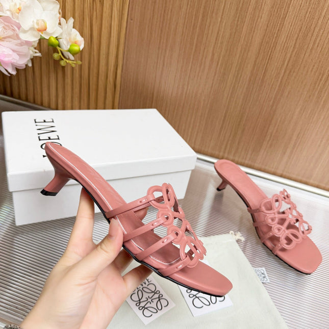 LOEWE 26S PETAL ANAGRAM KITTEN HEEL SANDALS 45MM IN PINK SOFT CALFSKIN