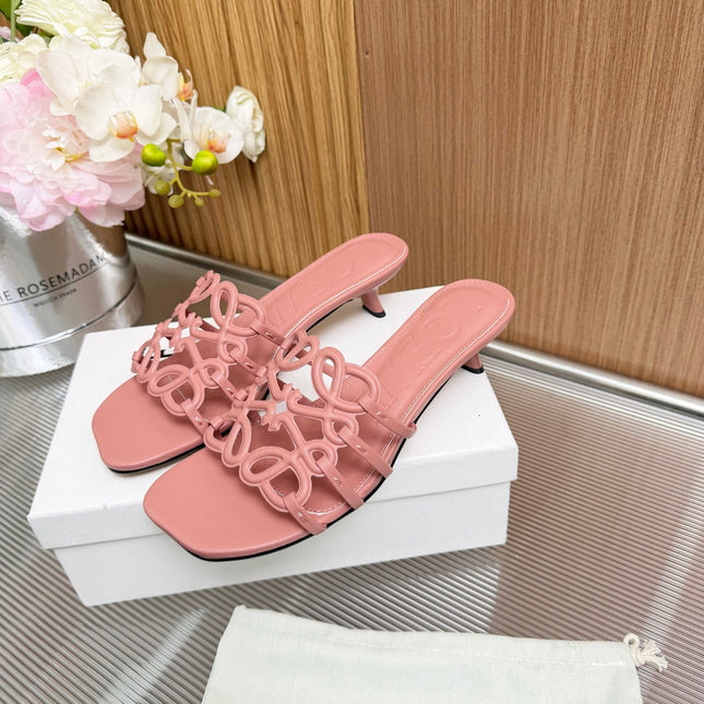 LOEWE 26S PETAL ANAGRAM KITTEN HEEL SANDALS 45MM IN PINK SOFT CALFSKIN