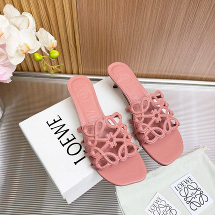 LOEWE 26S PETAL ANAGRAM KITTEN HEEL SANDALS 45MM IN PINK SOFT CALFSKIN