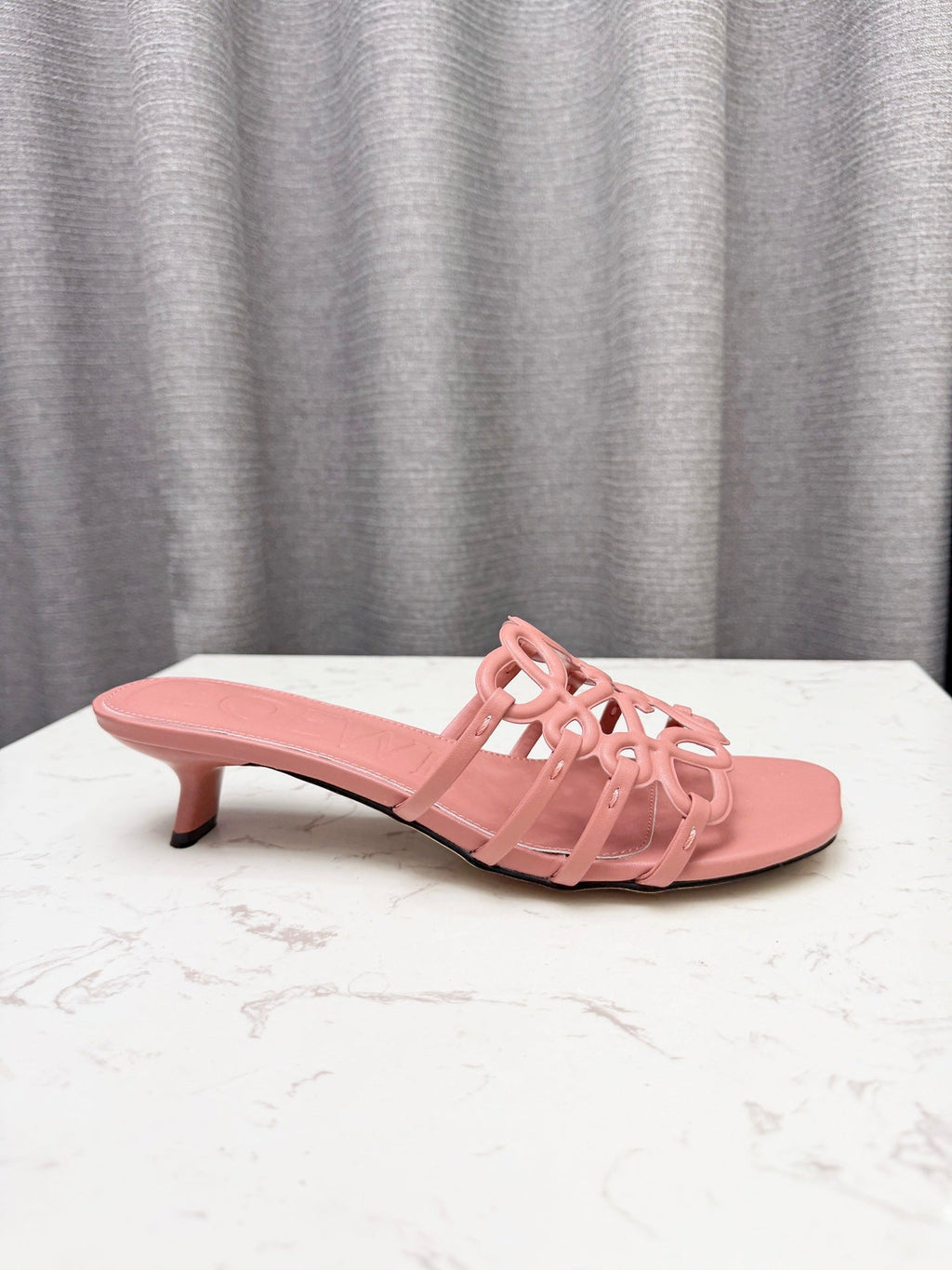LOEWE 26S PETAL ANAGRAM KITTEN HEEL SANDALS 45MM IN PINK SOFT CALFSKIN