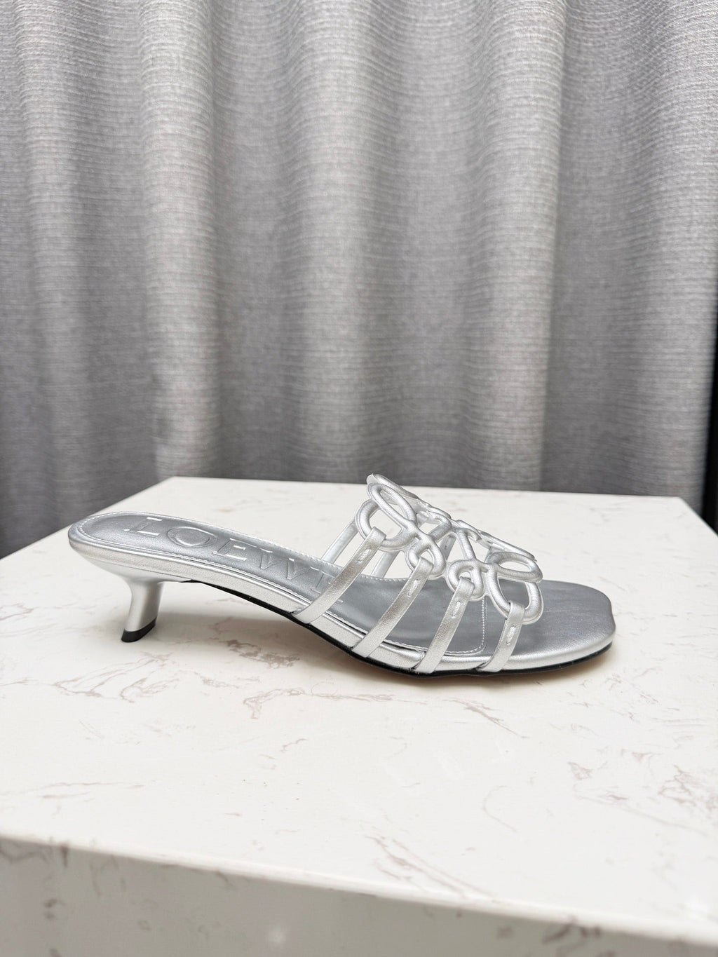LOEWE 26S PETAL ANAGRAM KITTEN HEEL SANDALS 45MM IN SILVER SOFT CALFSKIN
