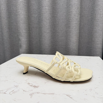 LOEWE 26S PETAL ANAGRAM KITTEN HEEL SANDALS 45MM IN CREAM WHITE SOFT CALFSKIN