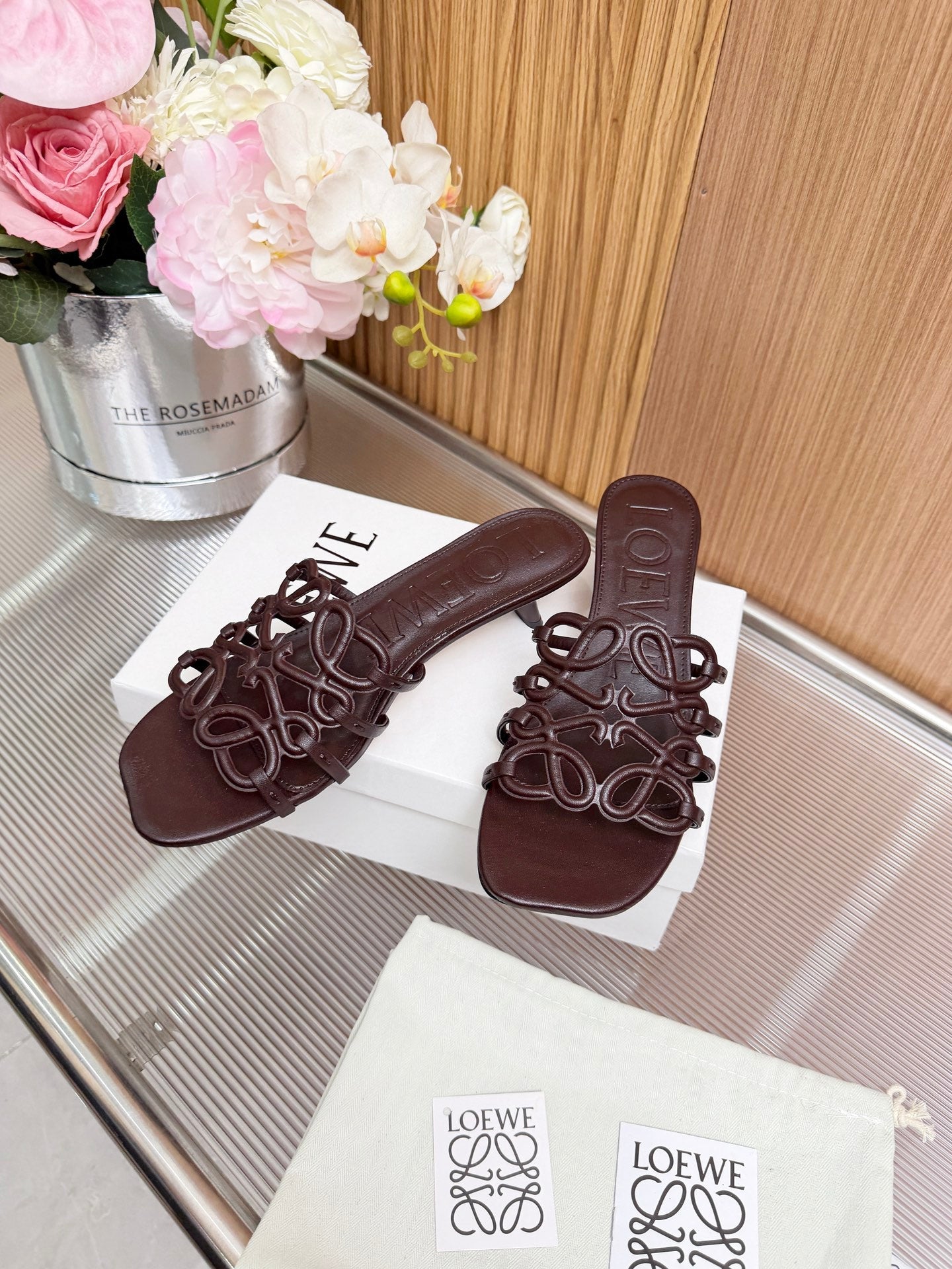 LOEWE 26S PETAL ANAGRAM KITTEN HEEL SANDALS 45MM IN DARK BROWN SOFT CALFSKIN