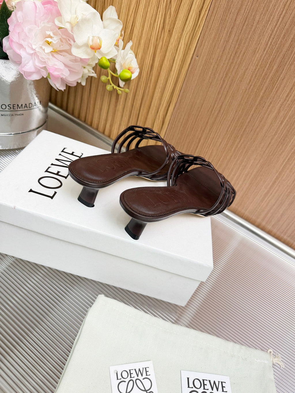 LOEWE 26S PETAL ANAGRAM KITTEN HEEL SANDALS 45MM IN DARK BROWN SOFT CALFSKIN