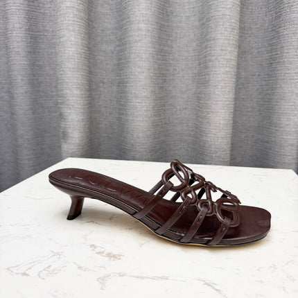 LOEWE 26S PETAL ANAGRAM KITTEN HEEL SANDALS 45MM IN DARK BROWN SOFT CALFSKIN