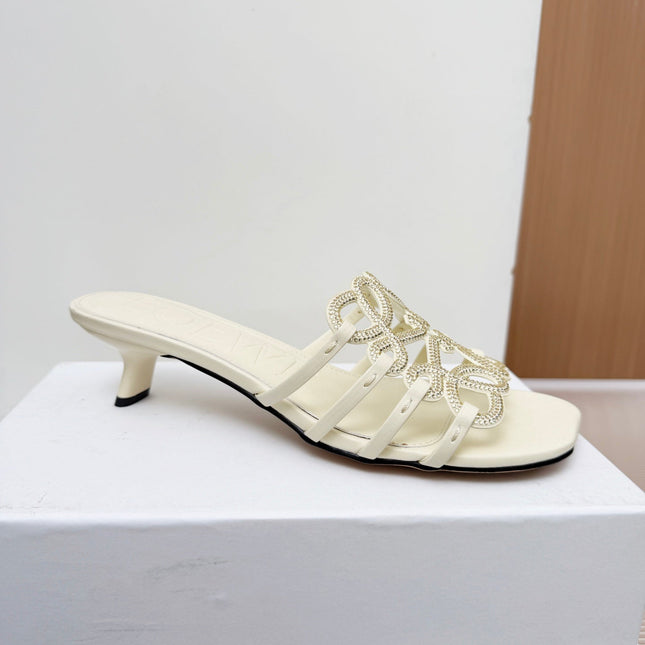 LOEWE 26S PETAL ANAGRAM SLIDE 45MM IN CREAM WHITE SOFT CALFSKIN WITH CRYSTALS