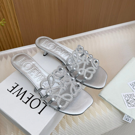 LOEWE 26S PETAL ANAGRAM SLIDE 45MM IN SILVER SOFT CALFSKIN WITH CRYSTALS