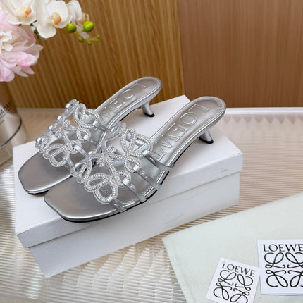 LOEWE 26S PETAL ANAGRAM SLIDE 45MM IN SILVER SOFT CALFSKIN WITH CRYSTALS