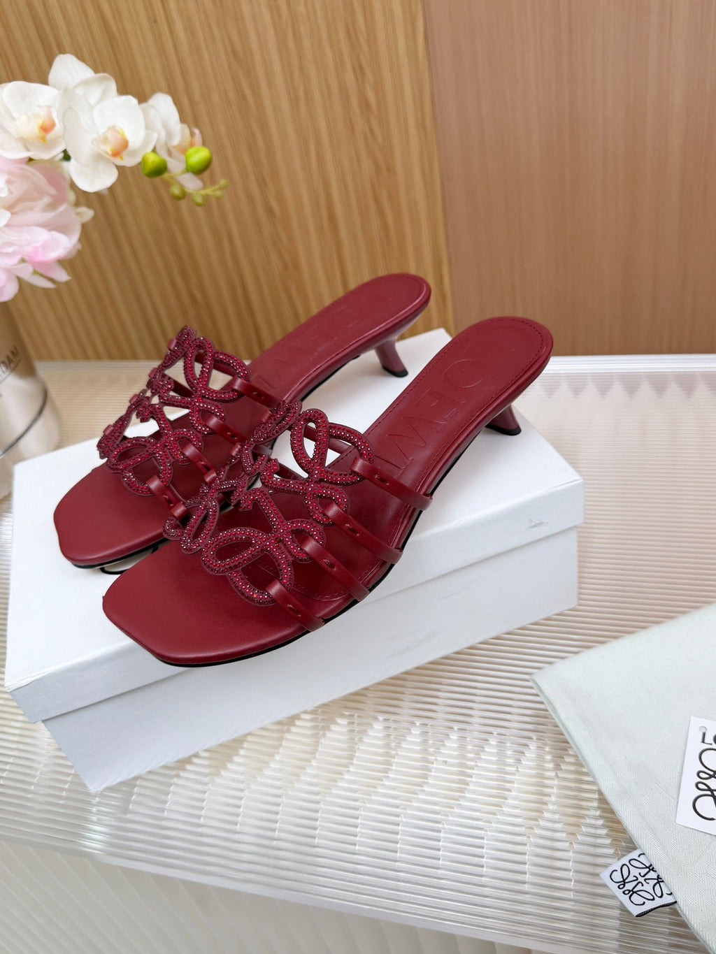 LOEWE 26S PETAL ANAGRAM SLIDE 45MM IN DARK RED SOFT CALFSKIN WITH CRYSTALS
