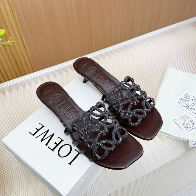 LOEWE 26S PETAL ANAGRAM SLIDE 45MM IN DARK BROWN SOFT CALFSKIN WITH CRYSTALS