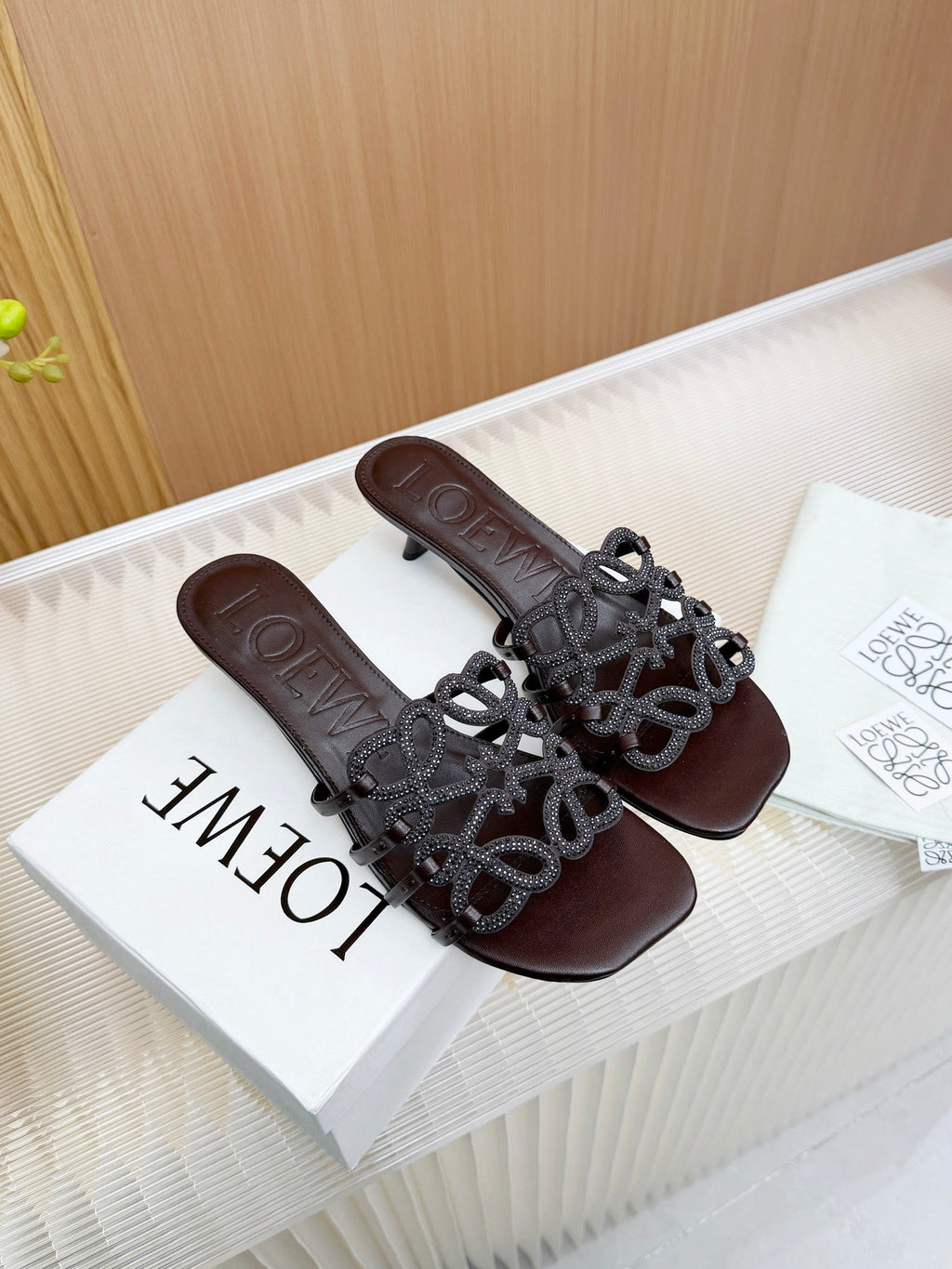 LOEWE 26S PETAL ANAGRAM SLIDE 45MM IN DARK BROWN SOFT CALFSKIN WITH CRYSTALS