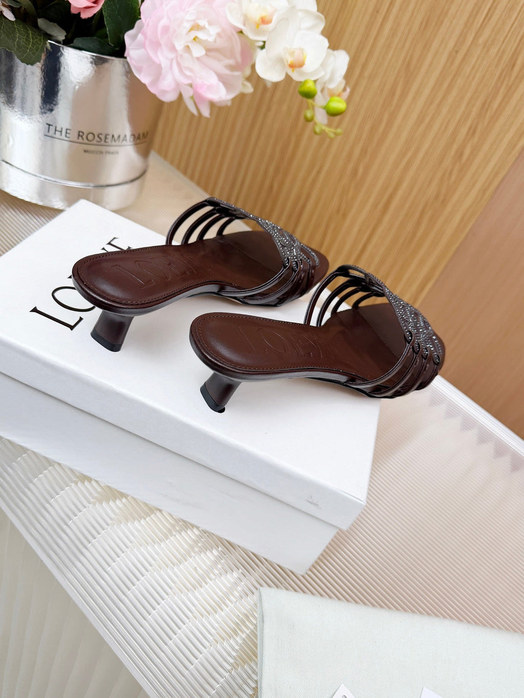LOEWE 26S PETAL ANAGRAM SLIDE 45MM IN DARK BROWN SOFT CALFSKIN WITH CRYSTALS