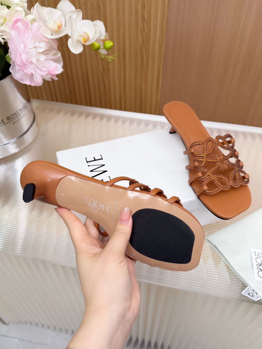 LOEWE 26S PETAL ANAGRAM SLIDE 45MM IN BURNT ORANGE SOFT CALFSKIN WITH CRYSTALS