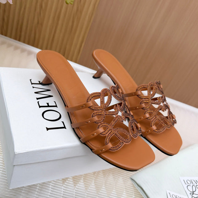 LOEWE 26S PETAL ANAGRAM SLIDE 45MM IN BURNT ORANGE SOFT CALFSKIN WITH CRYSTALS