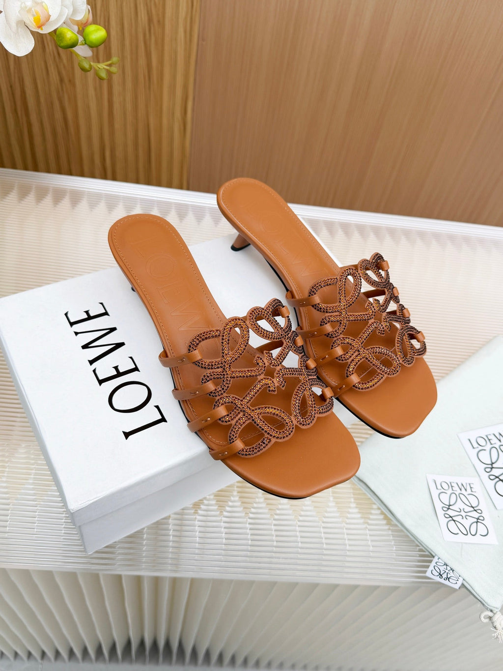 LOEWE 26S PETAL ANAGRAM SLIDE 45MM IN BURNT ORANGE SOFT CALFSKIN WITH CRYSTALS