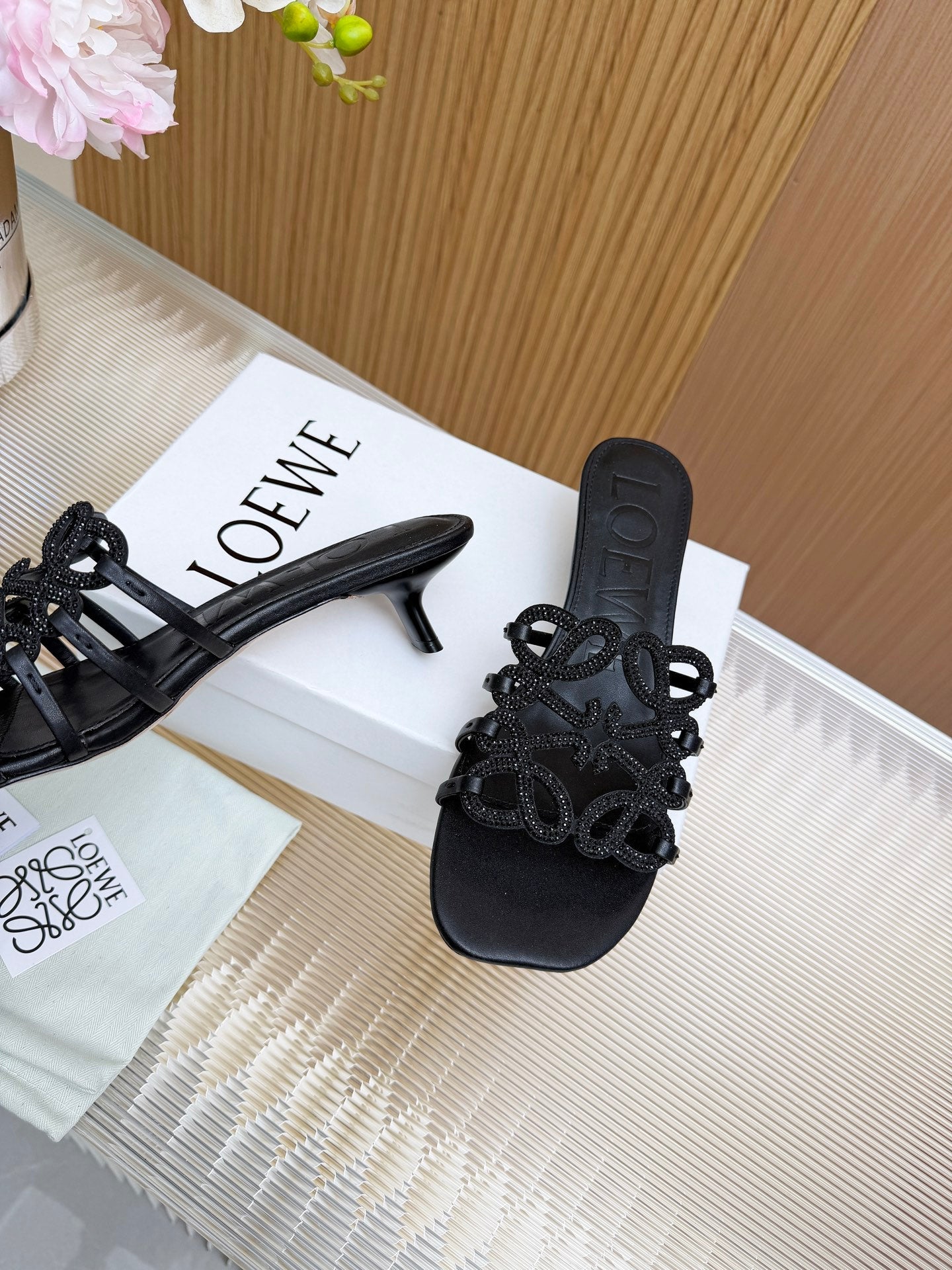 LOEWE 26S PETAL ANAGRAM SLIDE 45MM IN BLACK SOFT CALFSKIN WITH CRYSTALS