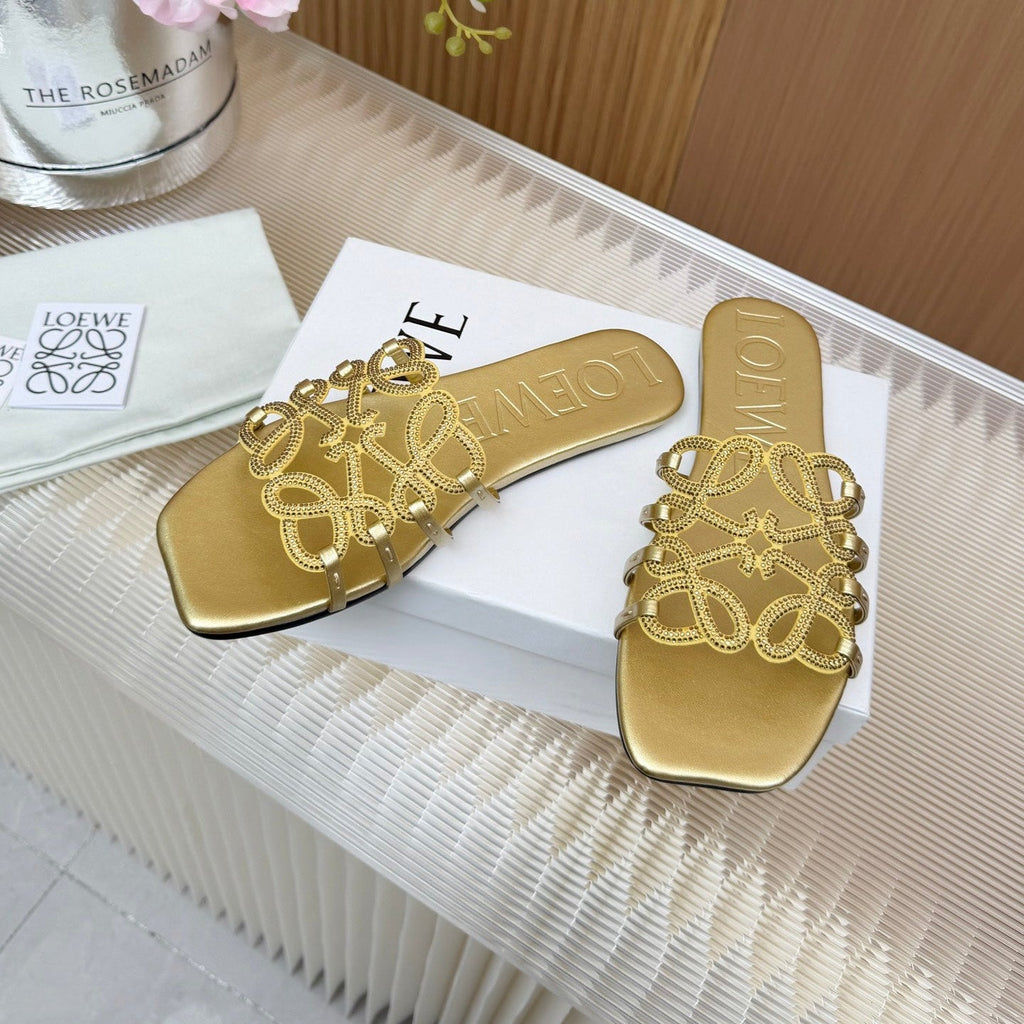LOEWE 26S FLAT SANDALS IN GOLD CALFSKIN WITH CRYSTALS