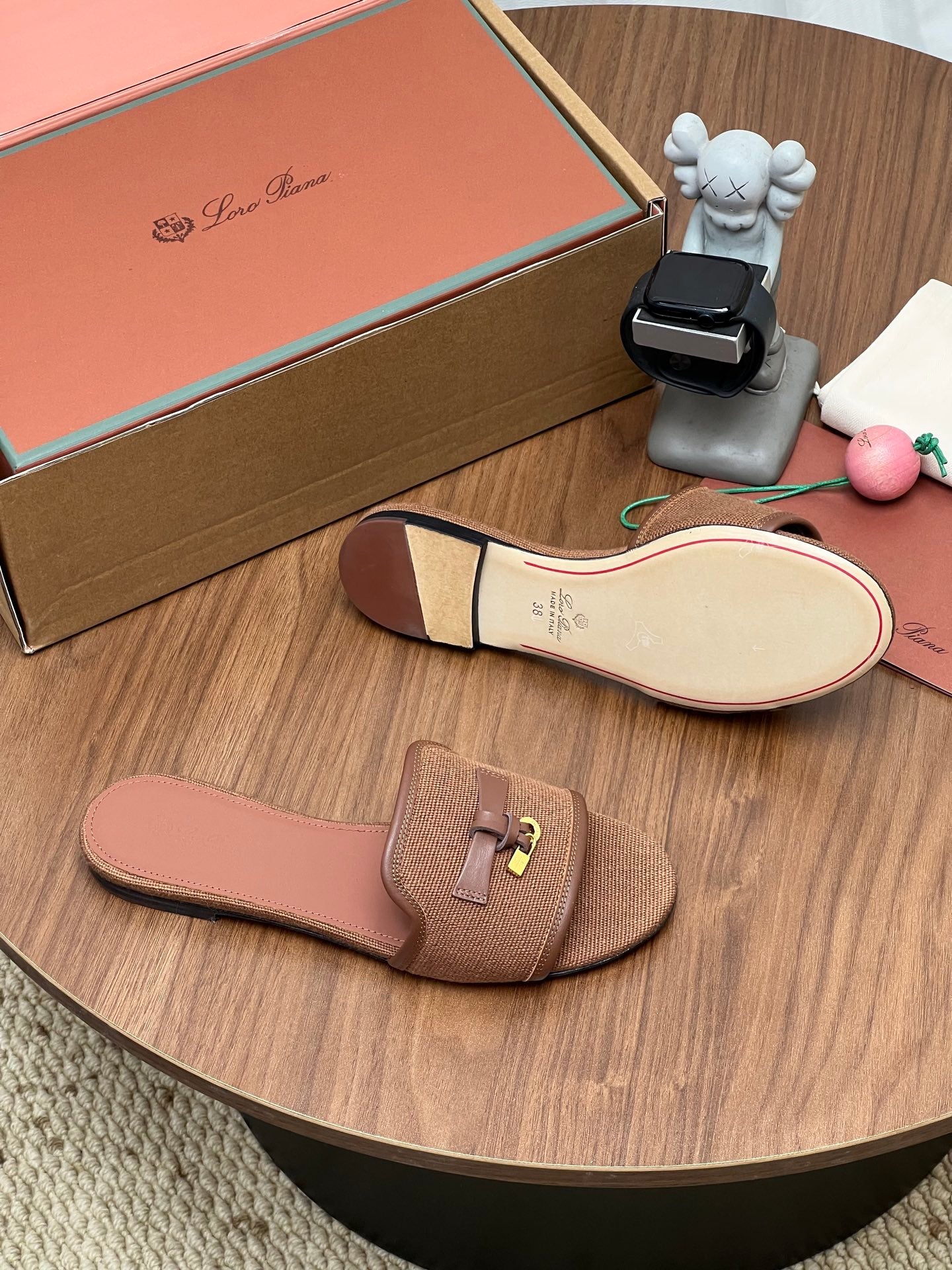 LP 26S SLIDES IN LIGHT BROWN CANVAS AND CALFSKIN
