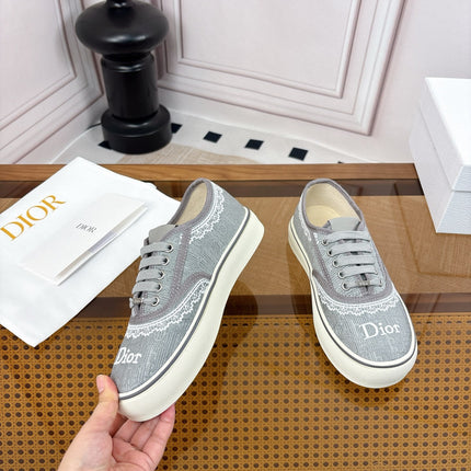DIOR 26S LOW TOP SNEAKERS IN GREY CANVAS WITH WHITE LACE TRIM & LOGO PRINT