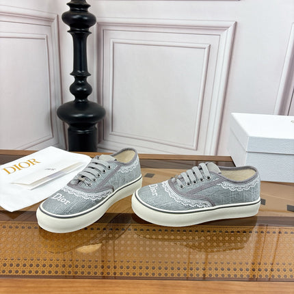 DIOR 26S LOW TOP SNEAKERS IN GREY CANVAS WITH WHITE LACE TRIM & LOGO PRINT