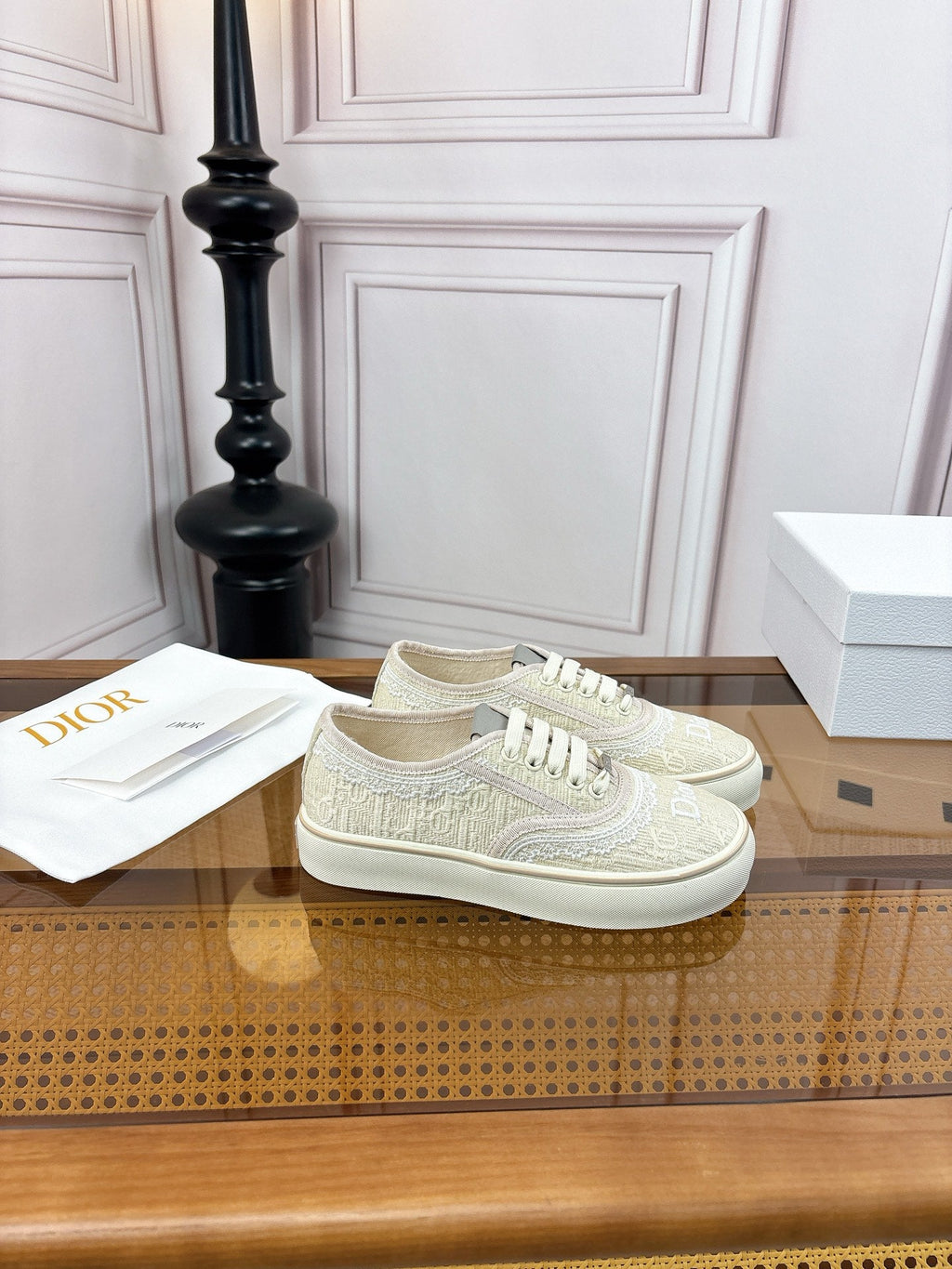 DIOR 26S LOW TOP SNEAKERS IN BEIGE CANVAS WITH WHITE LACE TRIM & LOGO PRINT
