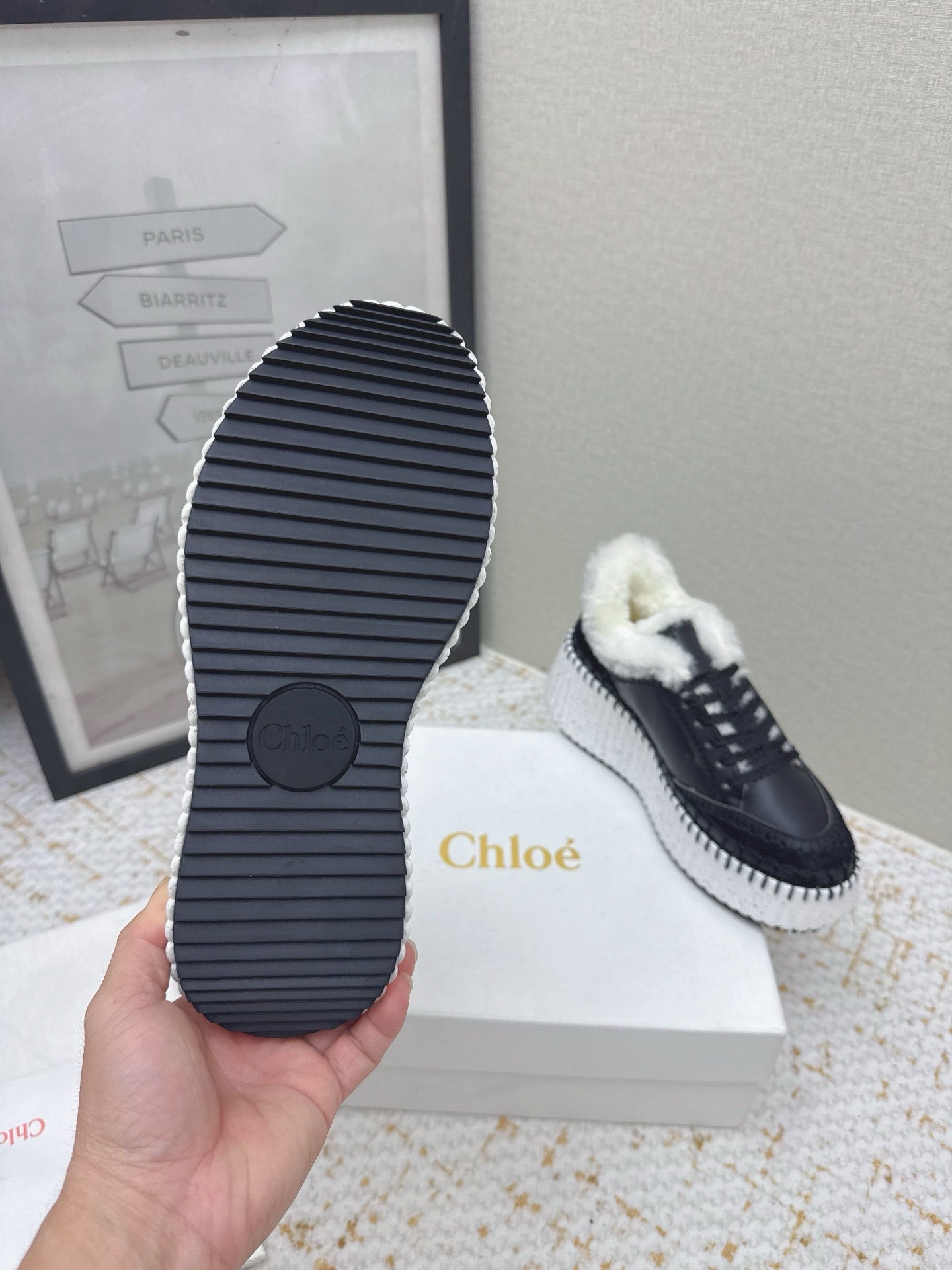 CHLOÉ 26S WEDGE SOLE SNEAKERS IN BLACK CALFSKIN