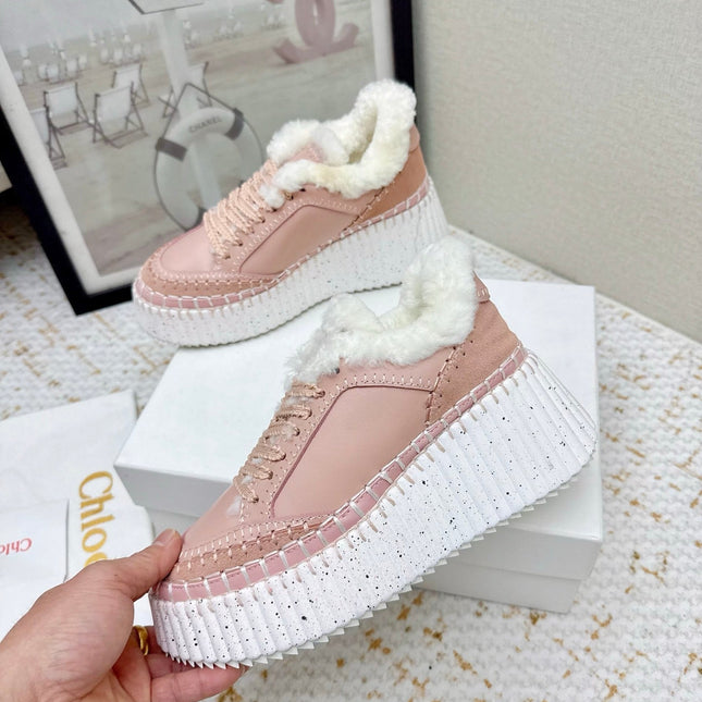 CHLOÉ 26S WEDGE SOLE SNEAKERS IN LIGHT PINK CALFSKIN