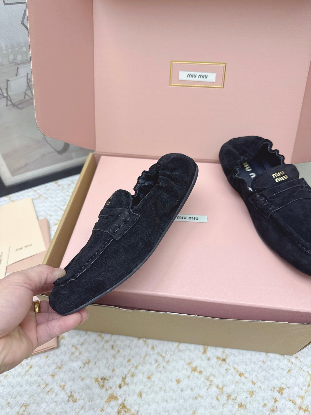 MIUMIU 25S NAPPA LOAFERS IN BLACK SUEDE