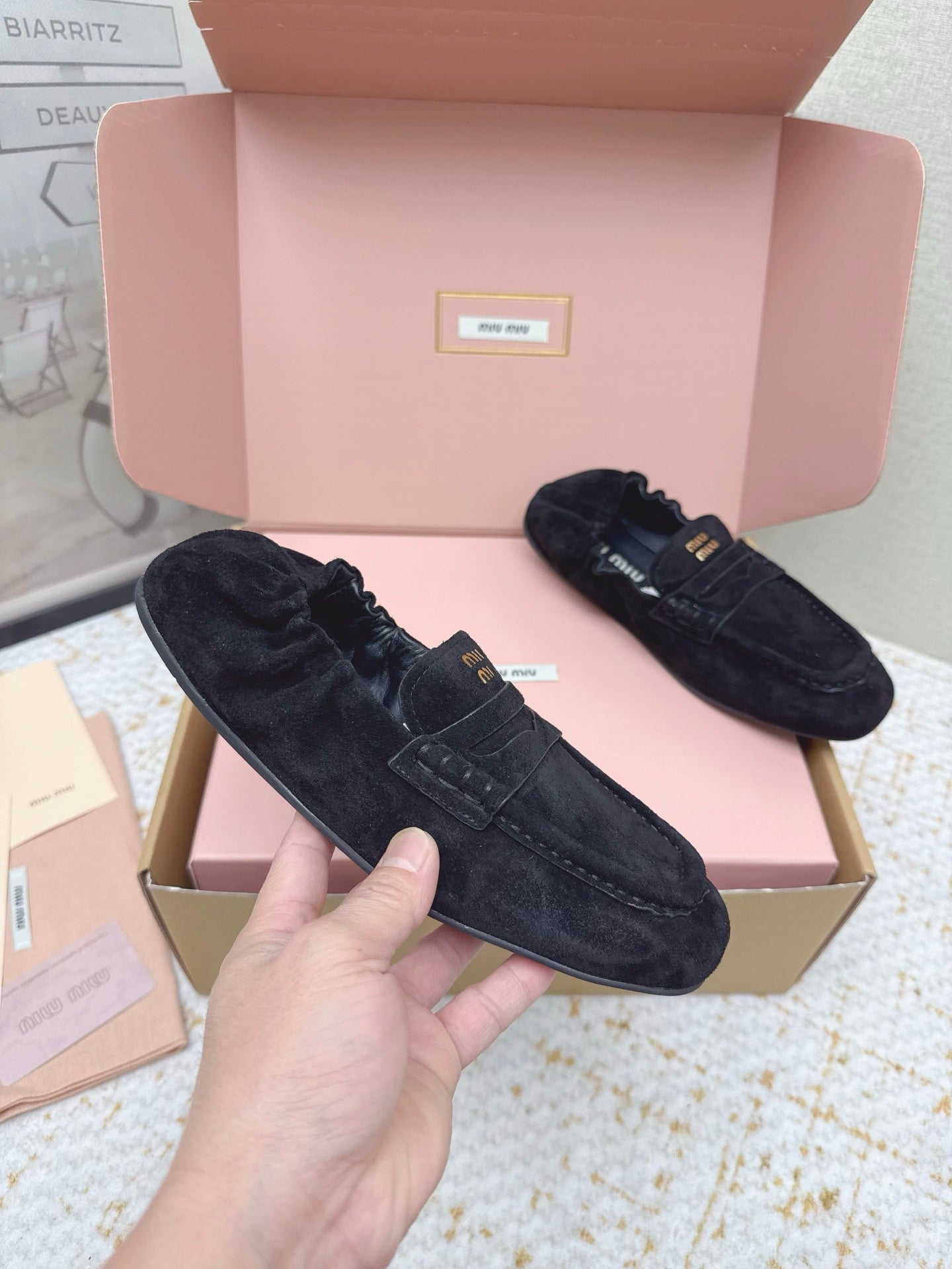 MIUMIU 25S NAPPA LOAFERS IN BLACK SUEDE
