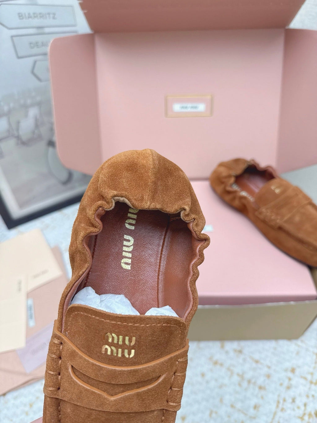 MIUMIU 25S NAPPA LOAFERS IN CARAMEL BROWN SUEDE