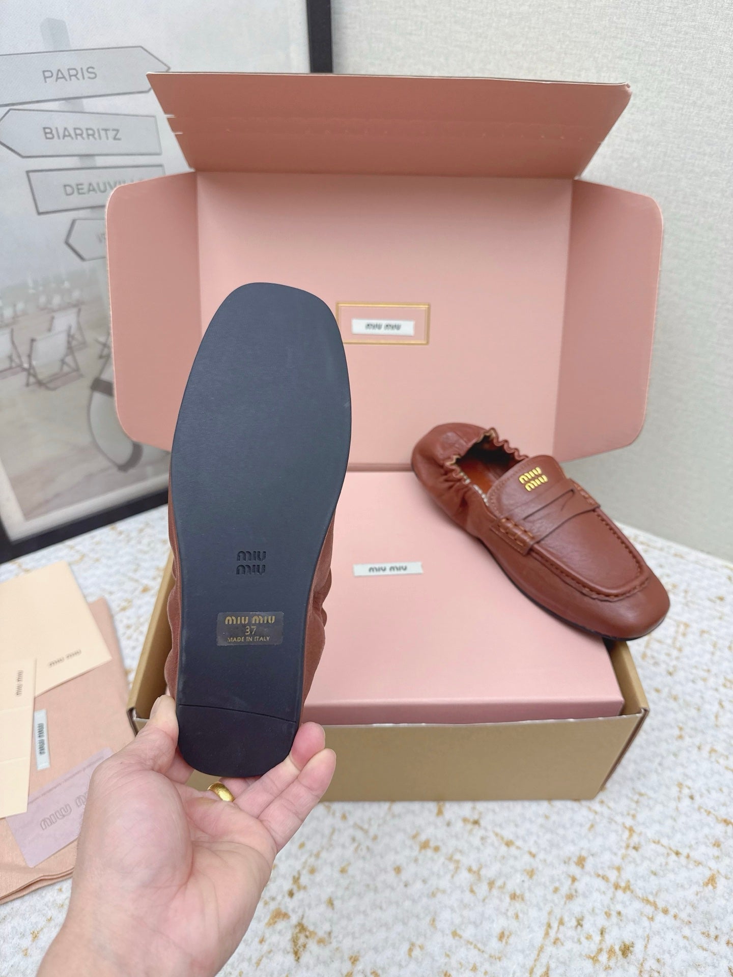 MIUMIU 25S NAPPA LOAFERS IN RUSTY BROWN LAMBSKIN