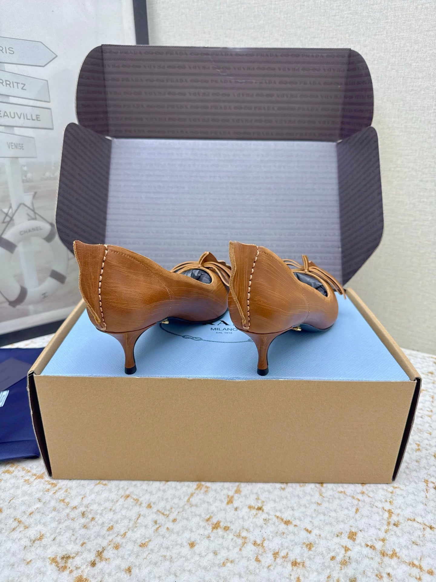 PRADA 26S ANTIQUED LEATHER PUMPS 55MM IN TAN BROWN CALFSKIN