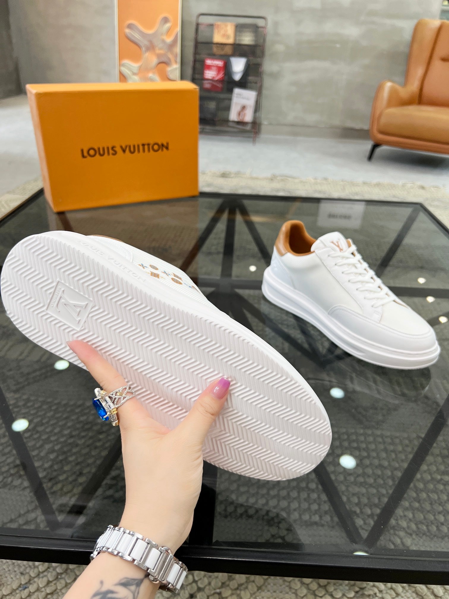 BEVERLY HILLS TRAINERS WHITE MIX BROWN CALFSKIN AND MESH FABRIC