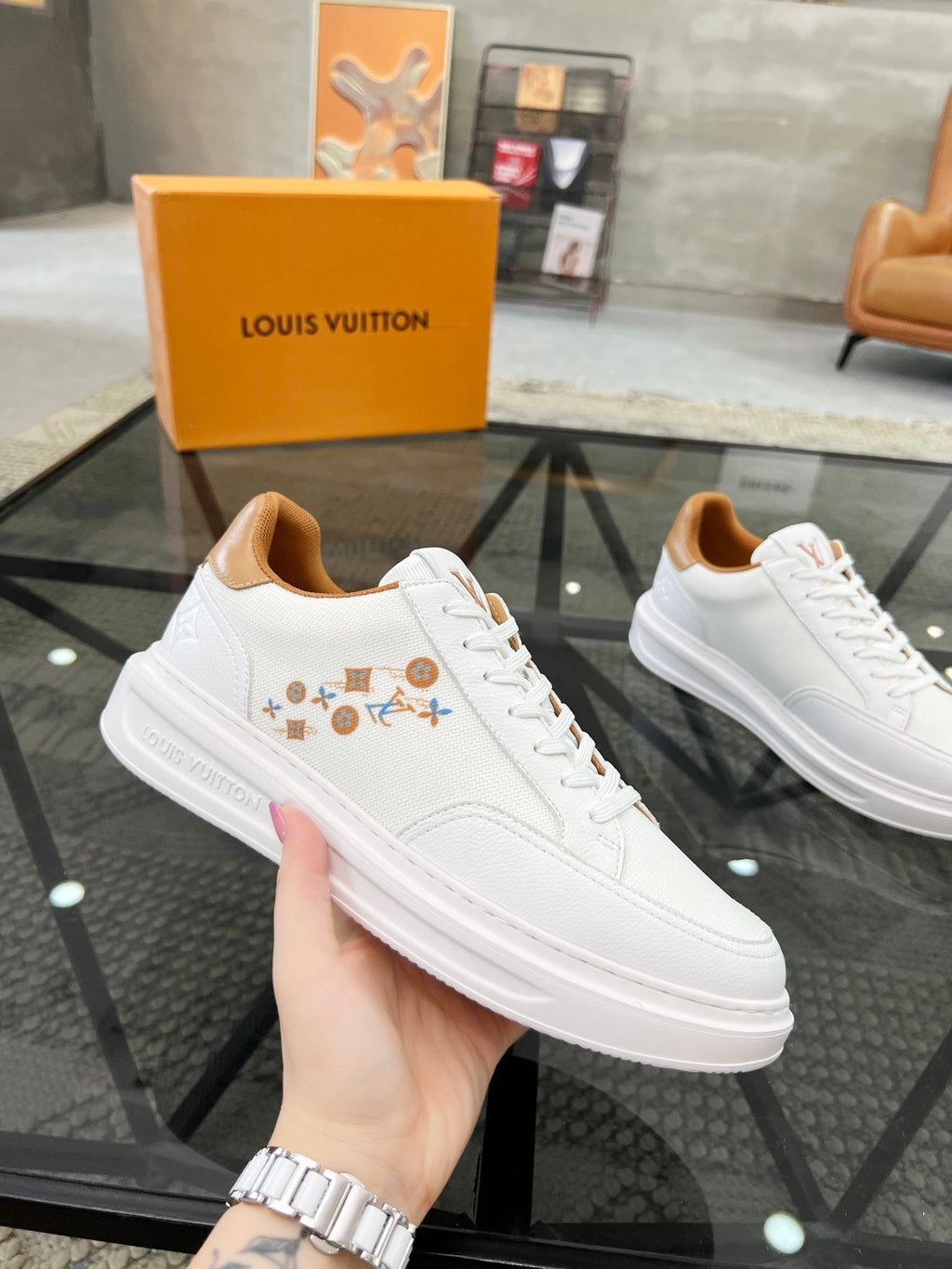 BEVERLY HILLS TRAINERS WHITE MIX BROWN CALFSKIN AND MESH FABRIC