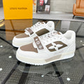 LV TRAINER SNEAKER WHITE CALFSKIN MIX CAMEL BEIGE SUEDE