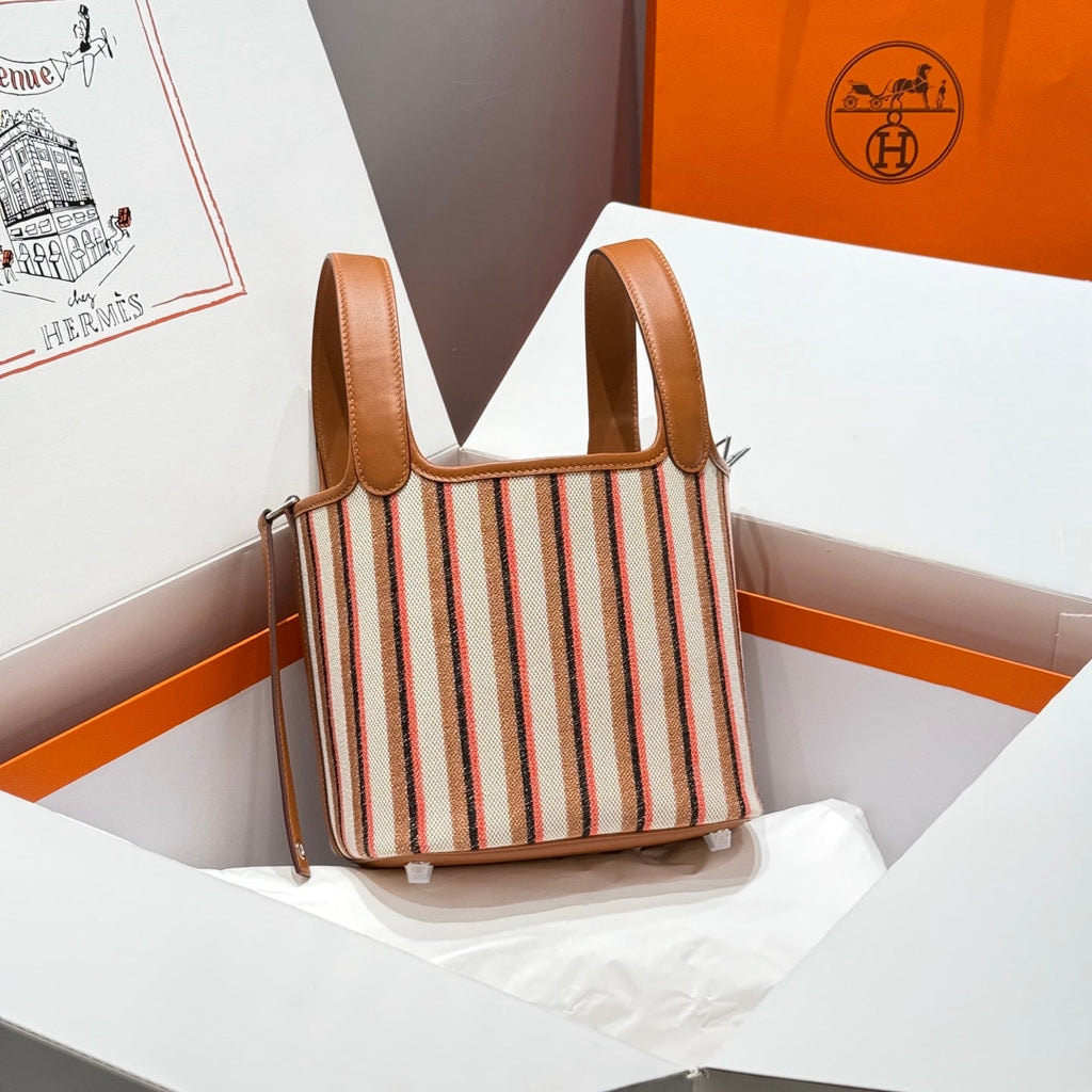 PICOTIN LOCK 18 BAG IN GOLD CALFSKIN ÉCRU/BEIGE/FAUVE/ROSE POP/NOIR EMBROIDERY CANVAS