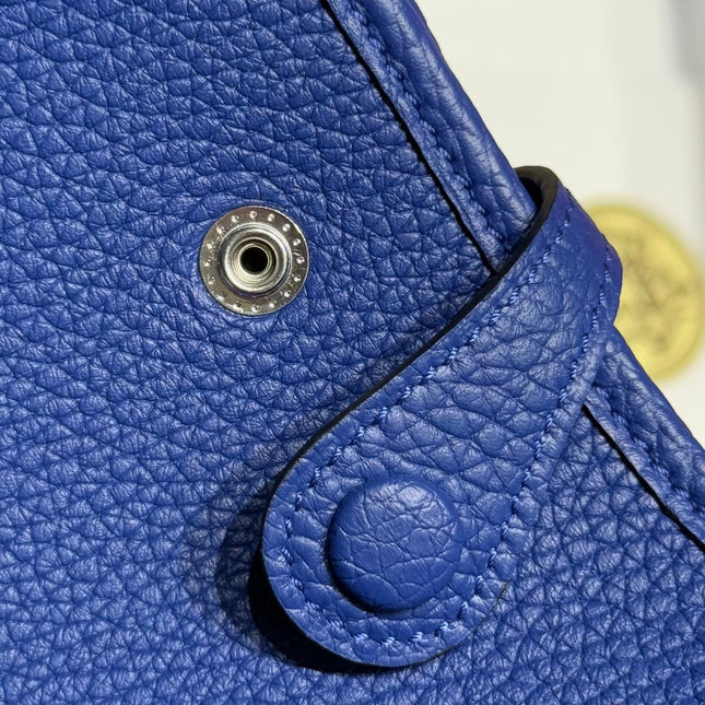 HERMES 25S MINI EVELYNE 18 IN BLUE PATTERNED STRAP CALFSKIN SILVER HARDWARE