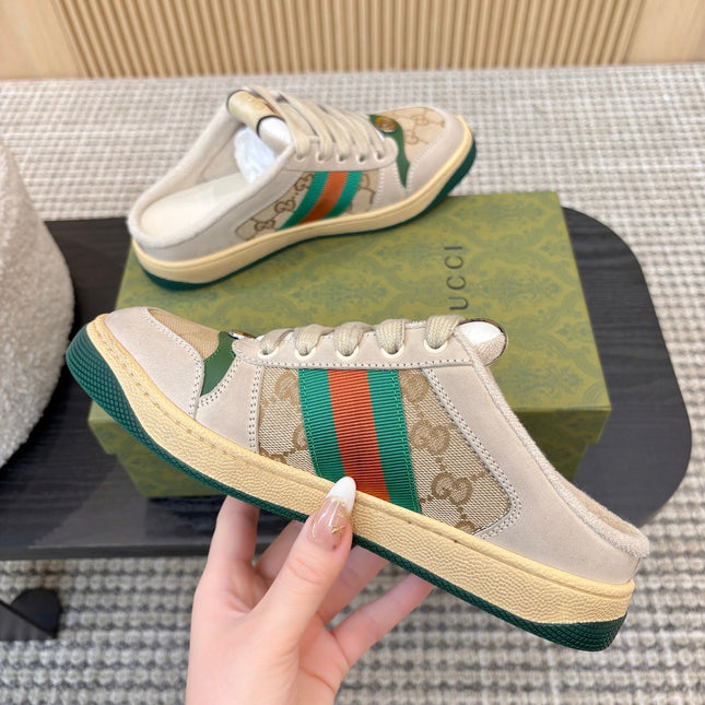 GUCCI 26S BACKLESS SNEAKERS IN BEIGE CANVAS AND LEATHER